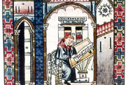 Alfonso X el Sabio. Clérigo en   el «scriptorium» en una página de las «Cantigas de Santa María». Biblioteca del Monasterio de San Lorenzo de El Escorial.
