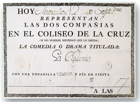 Cartel que anuncia la representación de una comedia en el Coliseo de la Cruz.