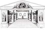 Esquema del escenario del Coliseo del Buen Retiro con el arco de proscenio, bastidores laterales y telón de fondo.