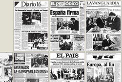 Portadas de diversos periódicos de Madrid, Barcelona y Bilbao al día siguiente de la firma del Tratado de adhesión de España a las Comunidades Europeas, 13 de junio de 1985.