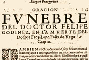 Primera página de la Oración fúnebre en la muerte de Lope de Vega, en Fama póstuma a la vida y muerte de Lope de Vega, (Madrid, Imprenta del Reino-A. Pérez, 1636)