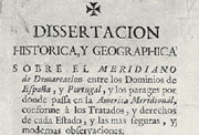 Portada de la Dissertacion Historica, y Geografica sobre el Meridiano de demarcacion..., de Jorge Juan y Antonio de Ulloa (1749)