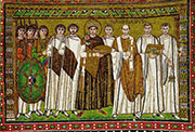 Mosaico Corte del emperador Justiniano. Iglesia de San Vital (Rávena).