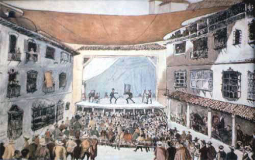 Teatro o Corral del Príncipe en Madrid (1583-1848), en el   que   María  Rosa de Gálvez estrenó varias obras. En su ubicación se encuentra   hoy el  Teatro Español.