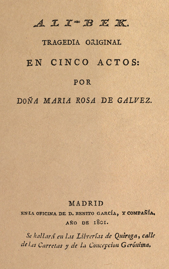 Portada de  Ali-Bek. Tragedia original en cinco actos , Madrid, Benito García y Compañía, 1801.