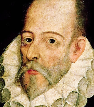 Oil portrait of Cervantes wearing a white ruffled collar