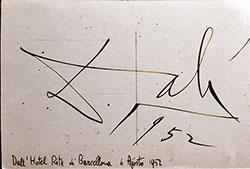 Postal de Salvador Dalí a Rinaldo Froldi, con motivo de la entrevista que el hispanista le hizo al artista en Barcelona, el 4 de agosto de 1952. Reverso. Fuente: por gentileza del profesor Marco Presotto (Università degli studi di Bologna).