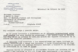Carta de invitación de Rinaldo Froldi a David Gies, invitándole al Coloquio internacional sobre José Cadalso. 9 de febrero de 1982. Fuente: por gentileza de David Gies.