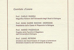 Programa del Convegno Internazionale sul Teatro Spagnolo del Settecento, celebrado en la Universidad de Bolonia, del 15 al 18 de octubre de 1985. Página segunda. Fuente: por gentileza de David Gies.