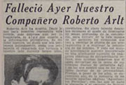 Nota periodística sobre la muerte de Roberto Arlt aparecida en «Mundo Argentino» al día siguiente de su muerte