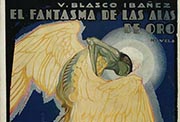 Cubierta de la obra <em>El fantasma de las alas de oro</em> (novela), de Vicente Blasco Ibáñez. Ilustración de la cubierta, Arturo Ballester. Editorial Prometeo, Valencia, 1930.