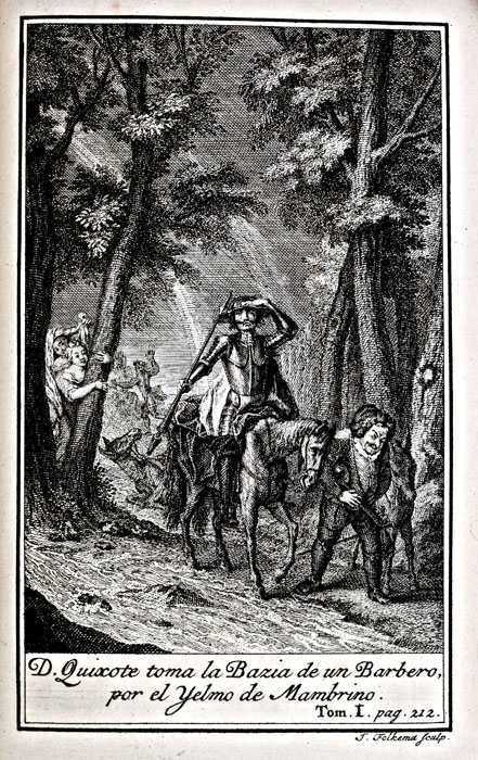 D. Quixote toma la Bazia de un Barbero, por el Yelmo de Mambrino.