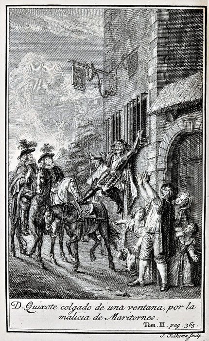 D. Quixote colgado de una ventana, por la malicia de Maritornes.