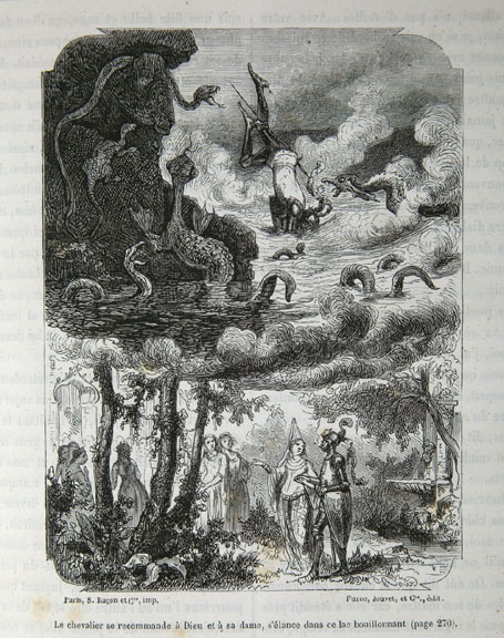 Le chevalier se recommande à Dieu et à sa dame, s'élace dans ce lac bouillonnant (page 270).