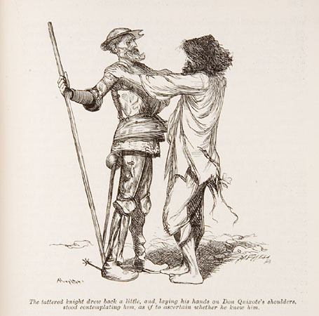 The tattered knight drew back a little, and, laying his hands on Don Quixote's shoulders, stook contemplating him, as if to ascertain whether he...