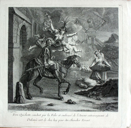 Don Quichotte conduit par la Folie et embrasé de l'Amour extravaguant / de Dulcinée sort de chez luy pour être Chevalier Errant.