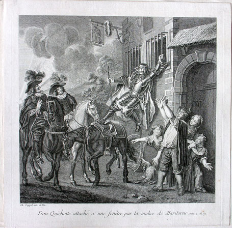 Don Quichotte attaché a une fenêtre par la malice de Maritorne. Tom: 2. Ch. 39.