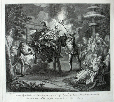 Don Quichotte et Sancho monté sur un cheval de bois s'imaginent traverser / les airs pour aller vanger Doloride. Tom. 4 Chap. 41.