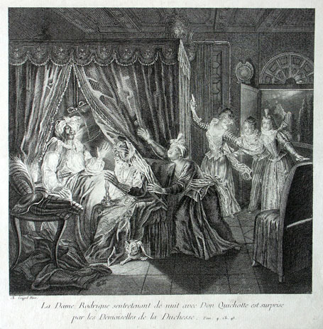 La Dame Rodrigue sentretenant de nuit avec Don Quichotte est surprise / par les Demoiselles de la Duchesse. Tom. 4. Ch. 48.