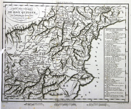 Carte des voyages de Don Quixote avec l'indication des divers lieux où sont arrivées ses aventures