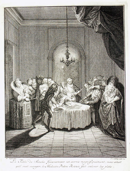 La Table de Sancho Gouverneur est servie magnifiquement; mais sitost qu'il veut manger, le Medecin Pedro Rezzio fait enlever les plats.