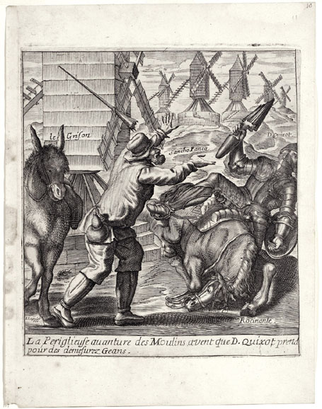 La Periglieuse auanture des Moulins avent que D. Quixot prend pour des demesurez Geans.