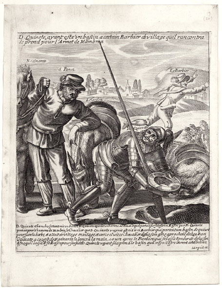 D. Quixote, ayant osté un bassin a certain Barbier de village quil rancontra le prend pour l'Armet de Mambrin