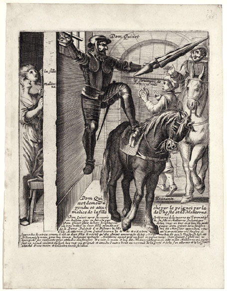 Dom Quixot demeura pendu et attaché par le poignet par la malice de la fille de l'hoste et de Malitorne