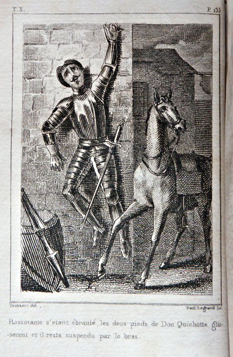 Rossinante s'etant ébranlé, les deux pieds de Don Quichotte glisserent et il resta suspendu par le bras.
