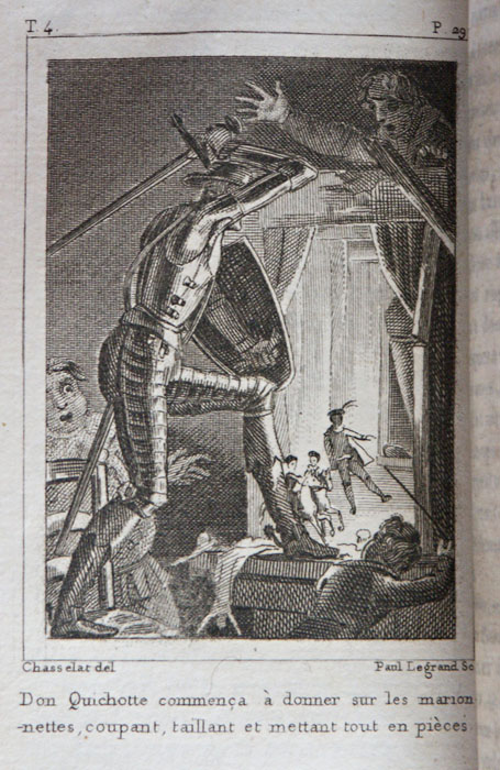 Don Quichotte commença à donner sur les marionnettes, coupant, taillant et mettant tout en pièces.