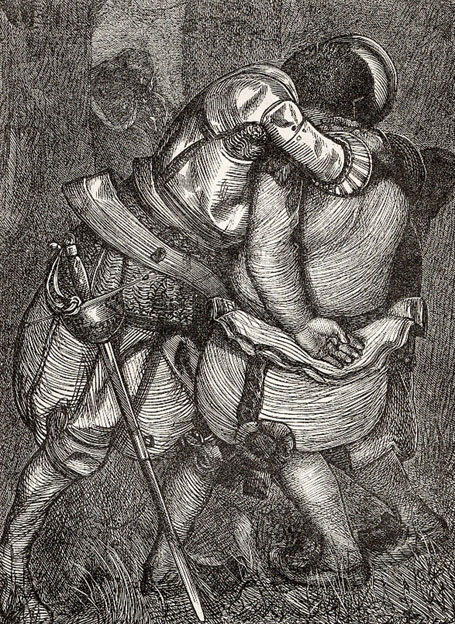 Don Quixote clung about Sancho's neck, giving him a thousand kisses.