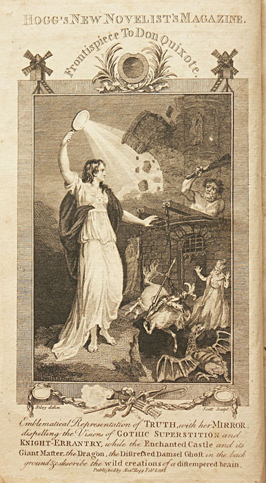 Emblematical Representation of TRUTH, with her MIRROR, dispelling the Visions of GOTHIC SUPERSTITION and KNIGHT-ERRANTRY, while the Enchanted [...]