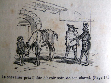Le chevalier pria l'hôte d'avoir soin de son cheval. (Page 17.)