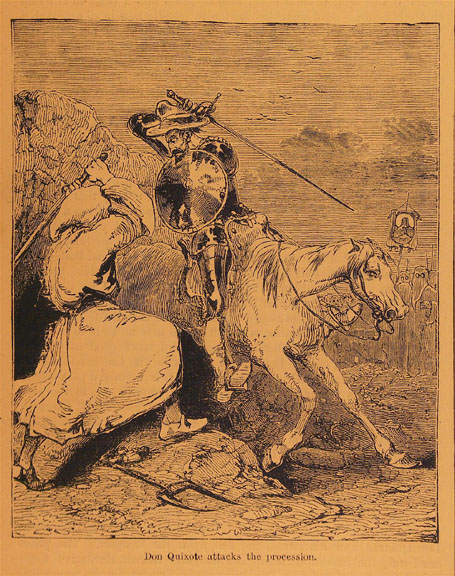 Don Quixote attacks the procession.