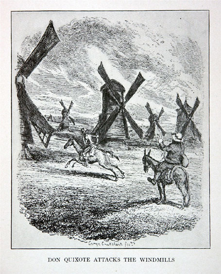 Don Quixote attacks the windmills