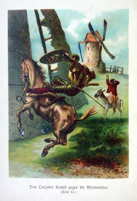 Don Quixotes Kampf gegen die Windmühlen. (Seite 14.)