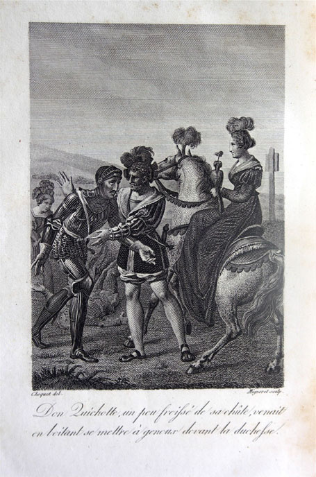 Don Quichotte, un peu froissé de sa chûte, venait en boitant se mettre à genoux devant la duchesse.