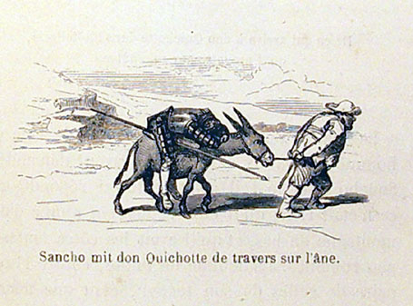 Sancho mit don Quichotte de travers sou l'âne
