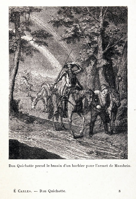 Don Quichotte prend le bassin d'un barbier pour l'armet de Mambrin.