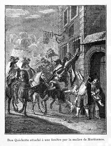 Don Quichotte attaché à une fenêtre par la malice de Maritornes.