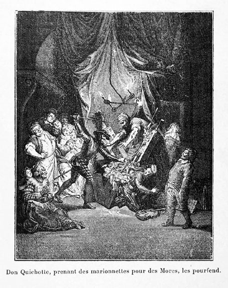 Don Quichotte, prenant des marionnettes pour des Mores, les pourfend.