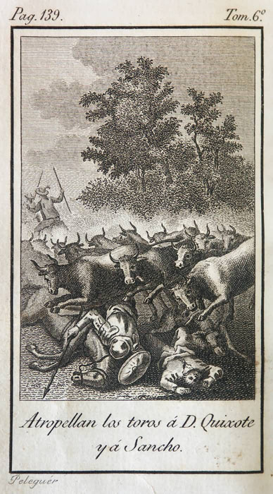 Atropellan los toros á D. Quixote y á Sancho.
