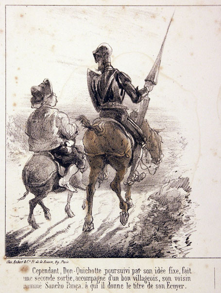 Cependant. Don Quichotte poursuivi par son idée fixe, fait une seconde sortie, accompagné d'un bon villageois, son voisin nommè Sancho Pança, [...]