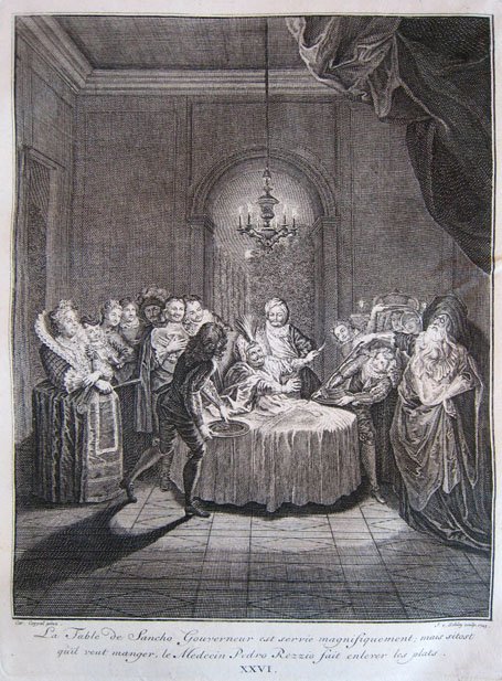 La Table de Sancho Gouverneur est servie magnifiquement; mais sitost qu'il veut manger, le Medecin Pedro Rezzio fait enlever les plats.