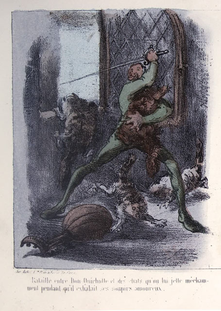 Bataille entre Don Quichotte et des chats qu'on lui jette méchamment pendant qu'il exhalait ses soupirs amoureux.