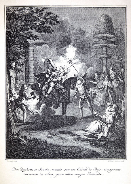 Don Quichotte et Sancho, montés sur un Cheval de Bois simaginent traverser les Airs, pour aller vanger Doloride.