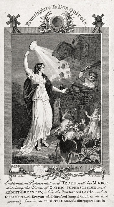 Emblematical Representation of TRUTH, with her MIRROR, dispelling the Visions of GOTHIC SUPERSTITION and KNIGHT-ERRANTRY, while the Enchanted[...]