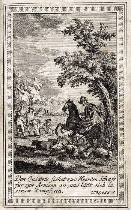 Don Quixote siehet zwo Heerden Schafe für zwo Armeen an, und läst sich in einen Kampf ein.