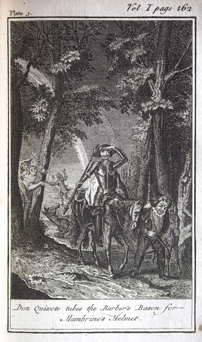 Don Quixote takes the Barber's Bason for Mambrino's Helmet.
