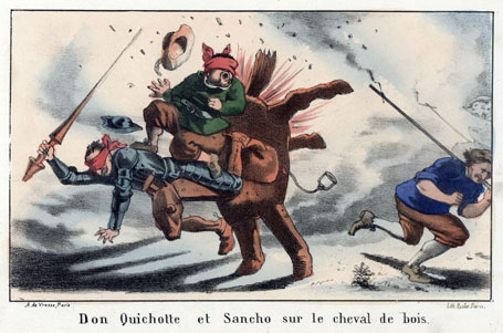Don Quichotte et Sancho sur le cheval de bois.